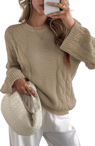Cakulo Womens Oversized Pullover Sweaters Bell Sleeve Chunky Cable Knit Sweater Crewneck Trendy Knitted Tops 2025 in Kuwait