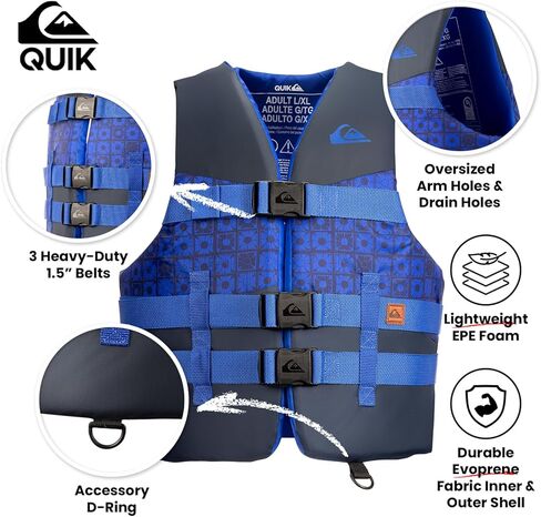 Quiksilver USCG المعتمدة من سترة الحياة للرجال ، وسترات النجاة الخفيفة الوزن EPE مع أبازيم سريعة الإصدار وثقوب الصرف ، PFD لصيد الأسماك ، القوارب ، التجديف ، الرياضات المائية in Saudi Arabia