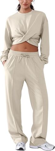 Women 2 Piece Outfits Long Sleeve Twist Front Cropped Sweatsuit High Waist Wide Leg Pants Lounge Matching Sets in Saudi Arabia