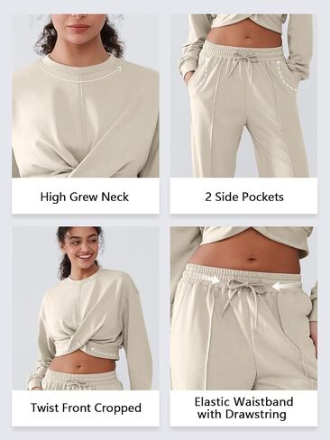Women 2 Piece Outfits Long Sleeve Twist Front Cropped Sweatsuit High Waist Wide Leg Pants Lounge Matching Sets in Saudi Arabia