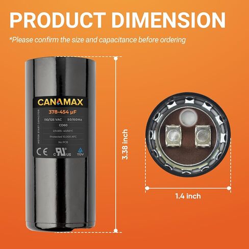 Canamax Premium 189-227 فائق التوهج/MFD 220-250 فولت تيار متردد مكثف بدء مستدير 50/60 هرتز تيار متردد كهربائي - مناسب تمامًا لتشغيل محرك التيار المتردد أو تشغيل المروحة ومكيف الهواء البارد أو المضخة الحرارية in Kuwait
