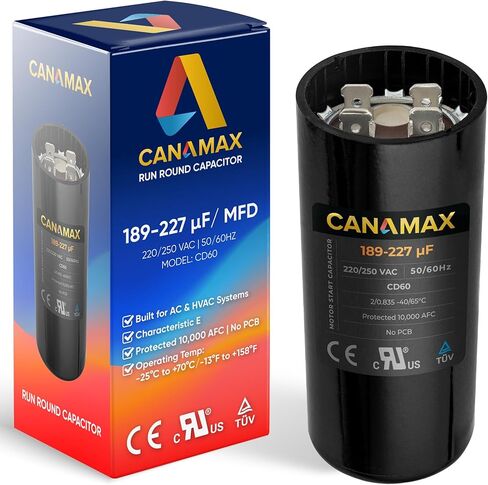 Canamax Premium 189-227 فائق التوهج/MFD 220-250 فولت تيار متردد مكثف بدء مستدير 50/60 هرتز تيار متردد كهربائي - مناسب تمامًا لتشغيل محرك التيار المتردد أو تشغيل المروحة ومكيف الهواء البارد أو المضخة الحرارية in Saudi Arabia