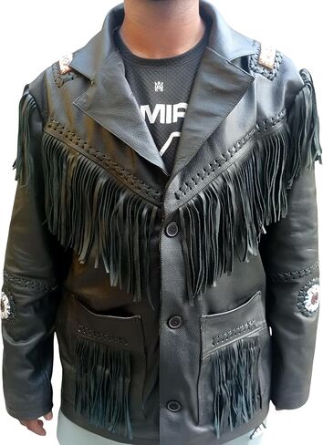 Fringe Cowboy Leather Jacket for Men - (Color - Black) in Saudi Arabia