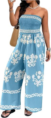 Wdirara Women's Plus Size Floral Smoocked Britless Tube Phemsuit Boho Summer Valants Wide in Kuwait