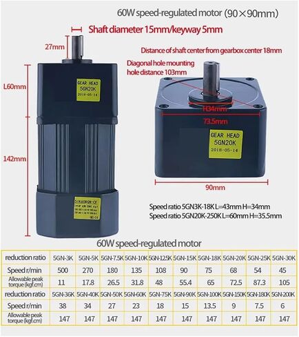asynchronous motor 60W 220V AC Gear Motor With Speed Regulator Adjustable Speed High Torque Asynchronous Motor 5IK60RGN-CF Shaft diameter 15mm(0-108RPM) in Saudi Arabia