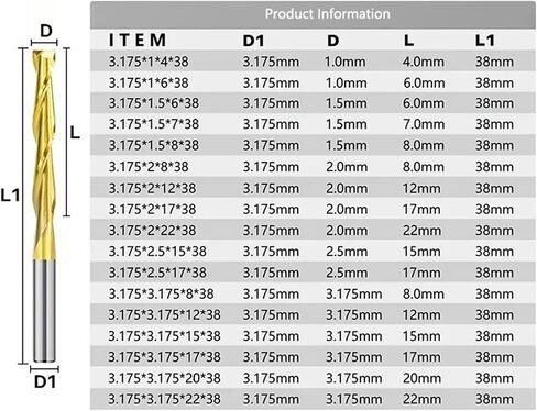 2 Flute Milling Cutter 10pcs TiN Coated 1-3.175mm CNC Router Bits Flat Wood Engraving Bit Tungsten Carbide End Mill 1Pcs(3.175x3.175x17mm) in Saudi Arabia
