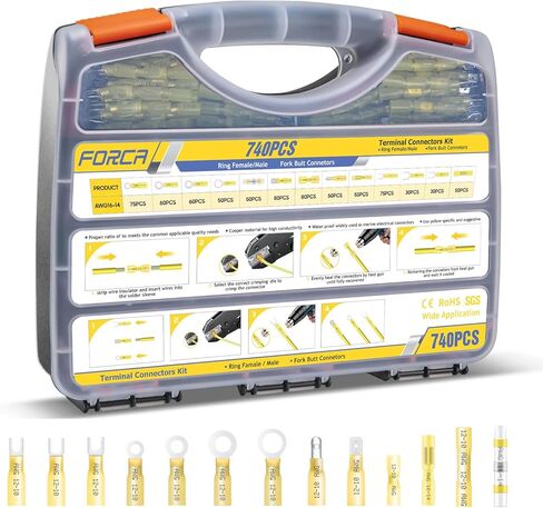 FORCA 740PCS Heat Shrink Wire Connectors Kit, AWG 16-14 Marine Grade Waterproof Crimp, Electrical Solder Seal, Ring Fork Spade Bullet Solder Butt Connectors Blue(13 Types) in Saudi Arabia