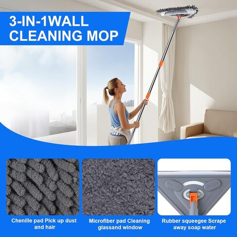 ممسحة الجدار مع مقبض طولها 80 بوصة ، أداة MOP منظف الجدار للنافذة/الجدران/مراوح السقف/الغبار/اللوح/الأرضيات نظيفة ، 360 درجة من السقوف أداة منظف مع وسادات الاستبدال 6 in Saudi Arabia