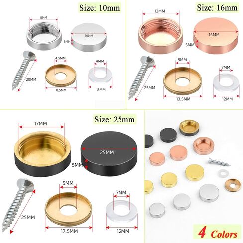 24pcs Mirror Screws, 10mm Stainless Steel Polished Stainless Steel Nails Cap with Washer, Decorative Brass Cover Brushed for Furniture Fittings Glass Signs Tables Bath Plates Wardrobes, Black in Kuwait