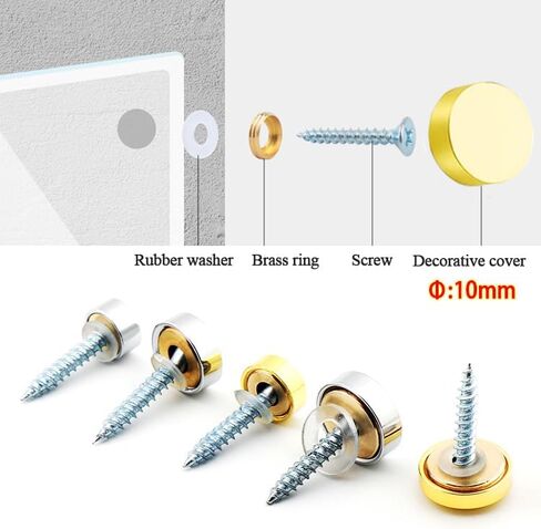 24pcs Mirror Screws, 10mm Stainless Steel Polished Stainless Steel Nails Cap with Washer, Decorative Brass Cover Brushed for Furniture Fittings Glass Signs Tables Bath Plates Wardrobes, Black in Kuwait