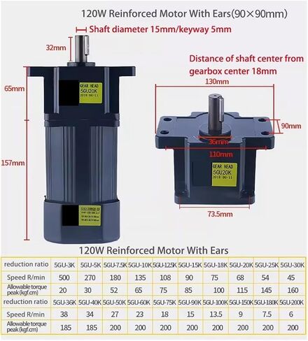 asynchronous motor 110V 120W Reinforced AC Gear Motor With Ear 5IK120RGU-AF With Speed Regulator High Torque Asynchronous Motor Shaft Diameter 15mm(0-108RPM) in Saudi Arabia