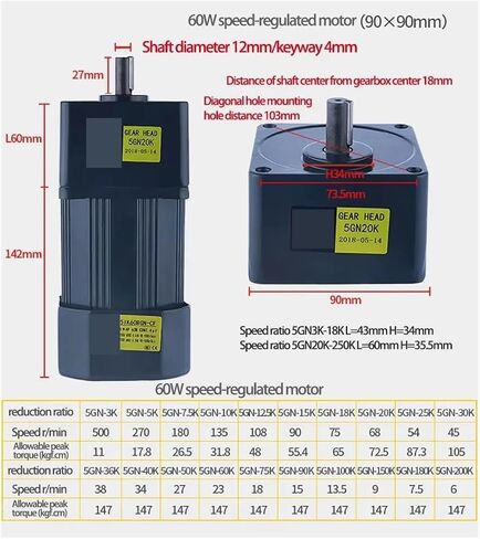 asynchronous motor 60W 220V AC Gear Motor With Speed Regulator Adjustable Speed High Torque Asynchronous Motor 5IK60RGN-CF Shaft diameter 12mm(0-135RPM) in Saudi Arabia