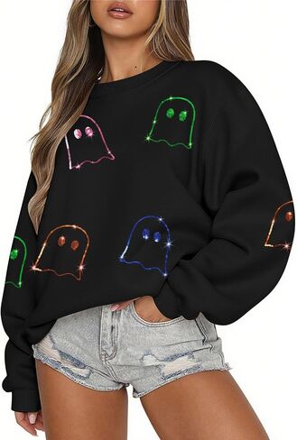 MAXIMGR Halloween Sweatshirts for Women Sequin Ghost Pumpkin Sweatshirt Funny Spooky Season Shirt Sparkle Fall Pullover Tops in Saudi Arabia