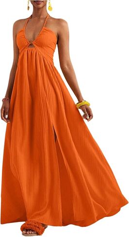 SOLY HUX Women's Summer Halter Maxi Dress Sleeveless V Neck Split A Line Flowy Long Dresses Vacation Sundress in Saudi Arabia