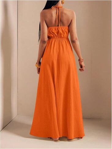 SOLY HUX Women's Summer Halter Maxi Dress Sleeveless V Neck Split A Line Flowy Long Dresses Vacation Sundress in Saudi Arabia
