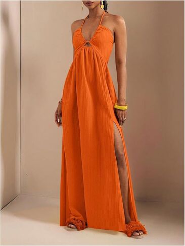 SOLY HUX Women's Summer Halter Maxi Dress Sleeveless V Neck Split A Line Flowy Long Dresses Vacation Sundress in Saudi Arabia