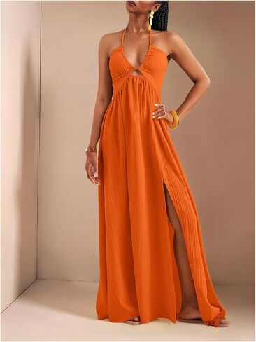 SOLY HUX Women's Summer Halter Maxi Dress Sleeveless V Neck Split A Line Flowy Long Dresses Vacation Sundress in Saudi Arabia