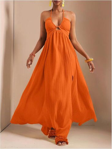 SOLY HUX Women's Summer Halter Maxi Dress Sleeveless V Neck Split A Line Flowy Long Dresses Vacation Sundress in Saudi Arabia