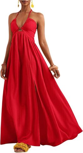 SOLY HUX Women's Summer Halter Maxi Dress Sleeveless V Neck Split A Line Flowy Long Dresses Vacation Sundress in Saudi Arabia