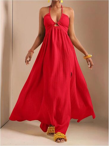 SOLY HUX Women's Summer Halter Maxi Dress Sleeveless V Neck Split A Line Flowy Long Dresses Vacation Sundress in Saudi Arabia