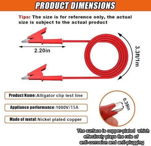 2PCS 14 AWG Double-Ended Alligator Clip Test Leads, 3.3ft/1m Crocodile Wire Cable Jumper Wire with Protective Insulated Clips, Heavy Duty Flexible Copper Cable Clamp for Electrical Testing in Saudi Arabia