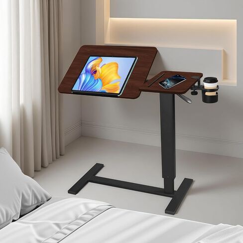 Adjustable Overbed Bedside Table with Wheels, Rotatable Desktop Height-Adjustable Bed Table with Wheels, Rolling Tray Desk for Couch Laptop & Hospital Use, Adjustable Tray Table (Rotatable-Wood Color) in Saudi Arabia