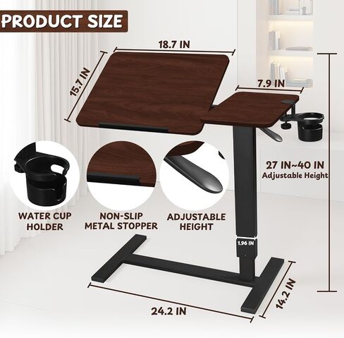Adjustable Overbed Bedside Table with Wheels, Rotatable Desktop Height-Adjustable Bed Table with Wheels, Rolling Tray Desk for Couch Laptop & Hospital Use, Adjustable Tray Table (Rotatable-Wood Color) in Saudi Arabia