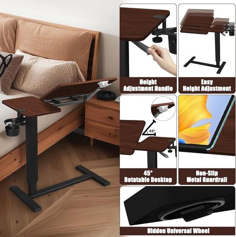 Adjustable Overbed Bedside Table with Wheels, Rotatable Desktop Height-Adjustable Bed Table with Wheels, Rolling Tray Desk for Couch Laptop & Hospital Use, Adjustable Tray Table (Rotatable-Wood Color) in Saudi Arabia