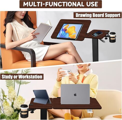 Adjustable Overbed Bedside Table with Wheels, Rotatable Desktop Height-Adjustable Bed Table with Wheels, Rolling Tray Desk for Couch Laptop & Hospital Use, Adjustable Tray Table (Rotatable-Wood Color) in Saudi Arabia