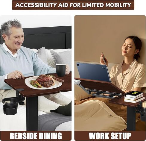 Adjustable Overbed Bedside Table with Wheels, Rotatable Desktop Height-Adjustable Bed Table with Wheels, Rolling Tray Desk for Couch Laptop & Hospital Use, Adjustable Tray Table (Rotatable-Wood Color) in Saudi Arabia