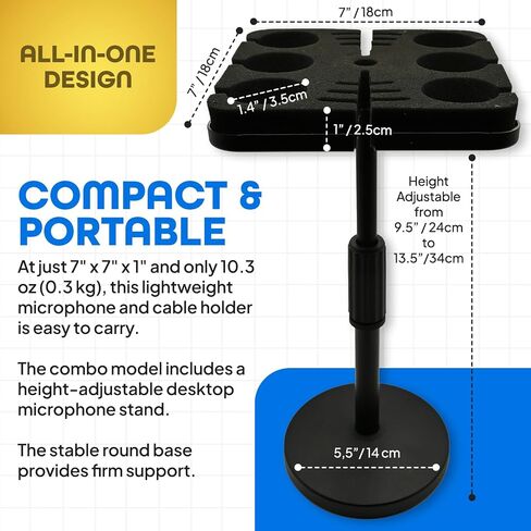 Multi Microphone Holder Cable Hanger & Organizer for Mic Stand - Square Tray Attachment holds up to 6 mics On Stage Organizer and Display - 6 Anti-roll Rings Included in Kuwait