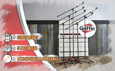 Griffin 5 Pack Mic Boom يقف مع مقاطع الأسلحة ومقاطع الميكروفون (سلسلة Stagelock) - حوامل ترايبود قابلة للتعديل للاستوديو ، DJ ، استخدام الكاريوكي in Saudi Arabia