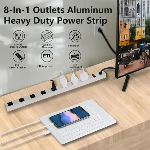 ProHT 6 Outlet Power Strip (03200) with 3ft Power Cord, Metal Housing, 125V/15A, Lighted Combo Switch/ Breaker, ETL Listed in Kuwait