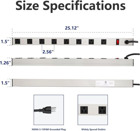 ProHT 6 Outlet Power Strip (03200) with 3ft Power Cord, Metal Housing, 125V/15A, Lighted Combo Switch/ Breaker, ETL Listed in Kuwait