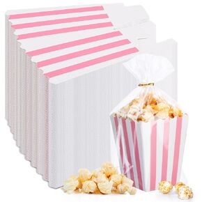 Geyoga 200 Pcs Pastel Pink Popcorn Boxes and Clear Treat Bag Set 3 x 4 Inch Open Top Pastel Pink and White Striped Paper Popcorn Boxes Containers with Treat Bags for Party Favor Supplies in Kuwait