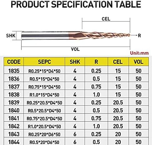 yingjun hrc55 كرة مدببة الأنف الطاحونة طاحونة التنغستن الصلبة الكربيد المغلفة المخروط CNC قاطع طحن D4-D10mm (طول الحافة: 1862) in Kuwait