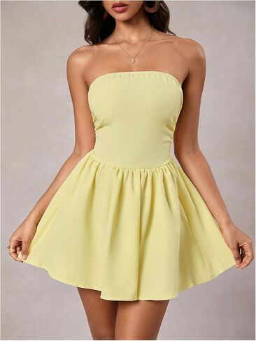 MakeMeChic Women's Summer Elegant Strapless Mini Dress with Bow Ruched Ruffle A Line Bandeau Party Mini Dress in Kuwait
