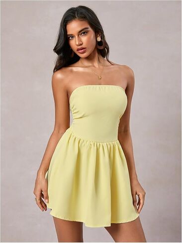 MakeMeChic Women's Summer Elegant Strapless Mini Dress with Bow Ruched Ruffle A Line Bandeau Party Mini Dress in Kuwait