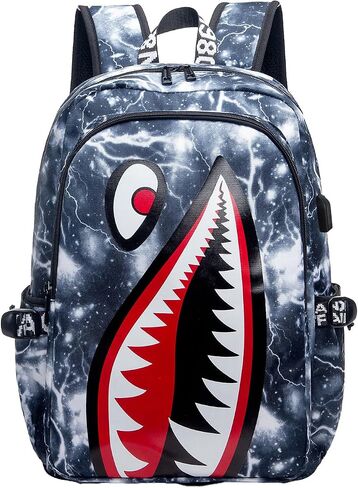 Kids Backpack Shark Bookbags Boys Schoolbag Laptop Backpack With USB Lightweight Water Resistant White lightning in Saudi Arabia