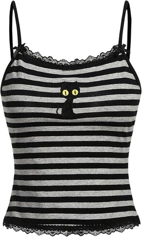 SOLY HUX Women's Y2k Lace Striped Cami Crop Tops Spaghetti Strap Cat Embroidery Camisole in Saudi Arabia