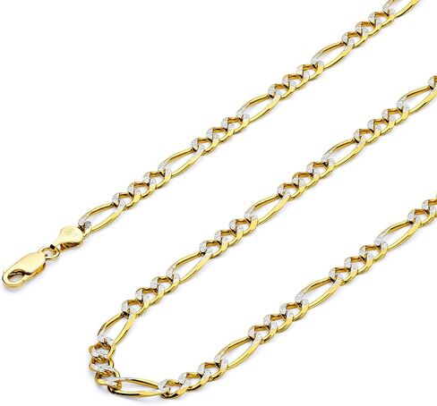 14k REAL Two Tone Gold Men's 6.5mm Hollow Figaro 3+1 White Pave Chain Bracelet with Lobster Claw Clasp - 8" in Saudi Arabia