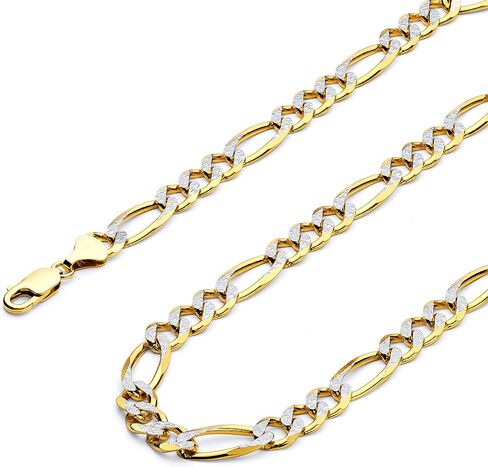 14k REAL Two Tone Gold Men's 6.5mm Hollow Figaro 3+1 White Pave Chain Bracelet with Lobster Claw Clasp - 8" in Saudi Arabia