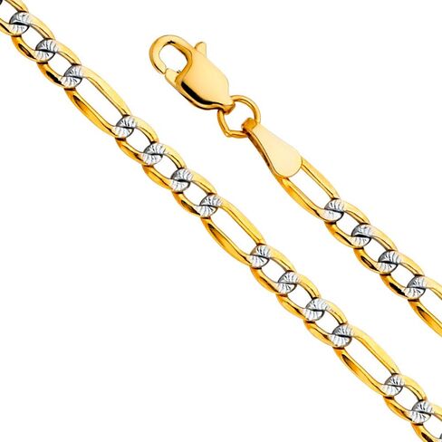 14k REAL Two Tone Gold Men's 6.5mm Hollow Figaro 3+1 White Pave Chain Bracelet with Lobster Claw Clasp - 8" in Saudi Arabia