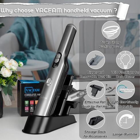 Handheld Vacuum Cordless Car Vacuum Cleaner with 18KPa Powerful Suction, Portable Chargeable Handy Vac with LED Front Light & Storage Dock, Dust Buster for Office Home, Pet Brush for Pet Hair, Gray in Saudi Arabia