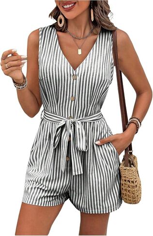 SweatyRocks Women's Short Jumpsuits Summer Striped V Neck Rompers with Pockets Workout Vacation Outfits in Saudi Arabia
