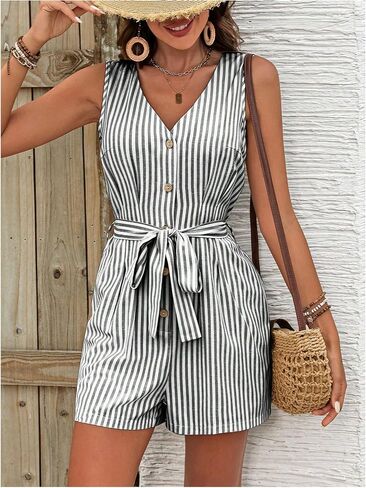 SweatyRocks Women's Short Jumpsuits Summer Striped V Neck Rompers with Pockets Workout Vacation Outfits in Saudi Arabia