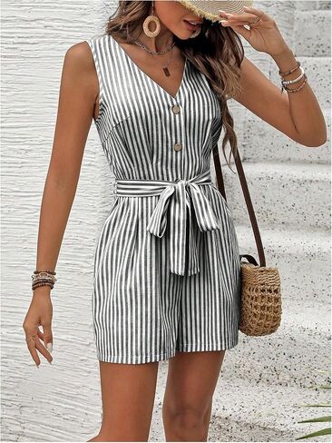 SweatyRocks Women's Short Jumpsuits Summer Striped V Neck Rompers with Pockets Workout Vacation Outfits in Saudi Arabia