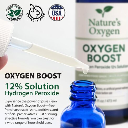 Nature’s Oxygen Food Grade Hydrogen Peroxide 12% Solution, 16 fl oz Pint Bottle with 2 fl oz Dropper, Only H₂O₂ & Water, Highly Concentrated, Made in USA in Saudi Arabia