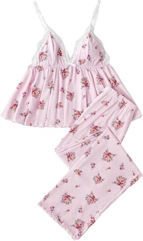 Women's 2 Piece Pajama Sets Floral V Neck Ruffle Cami Top and Pants Lounge Set in Saudi Arabia
