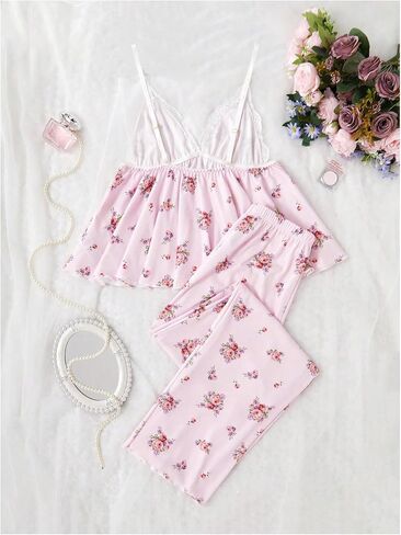 Women's 2 Piece Pajama Sets Floral V Neck Ruffle Cami Top and Pants Lounge Set in Saudi Arabia